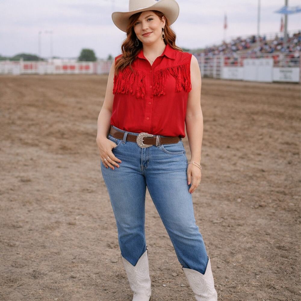 Vintage Red Silk Sleeveless Fringe Western Shirt Large Button Down Front Detail